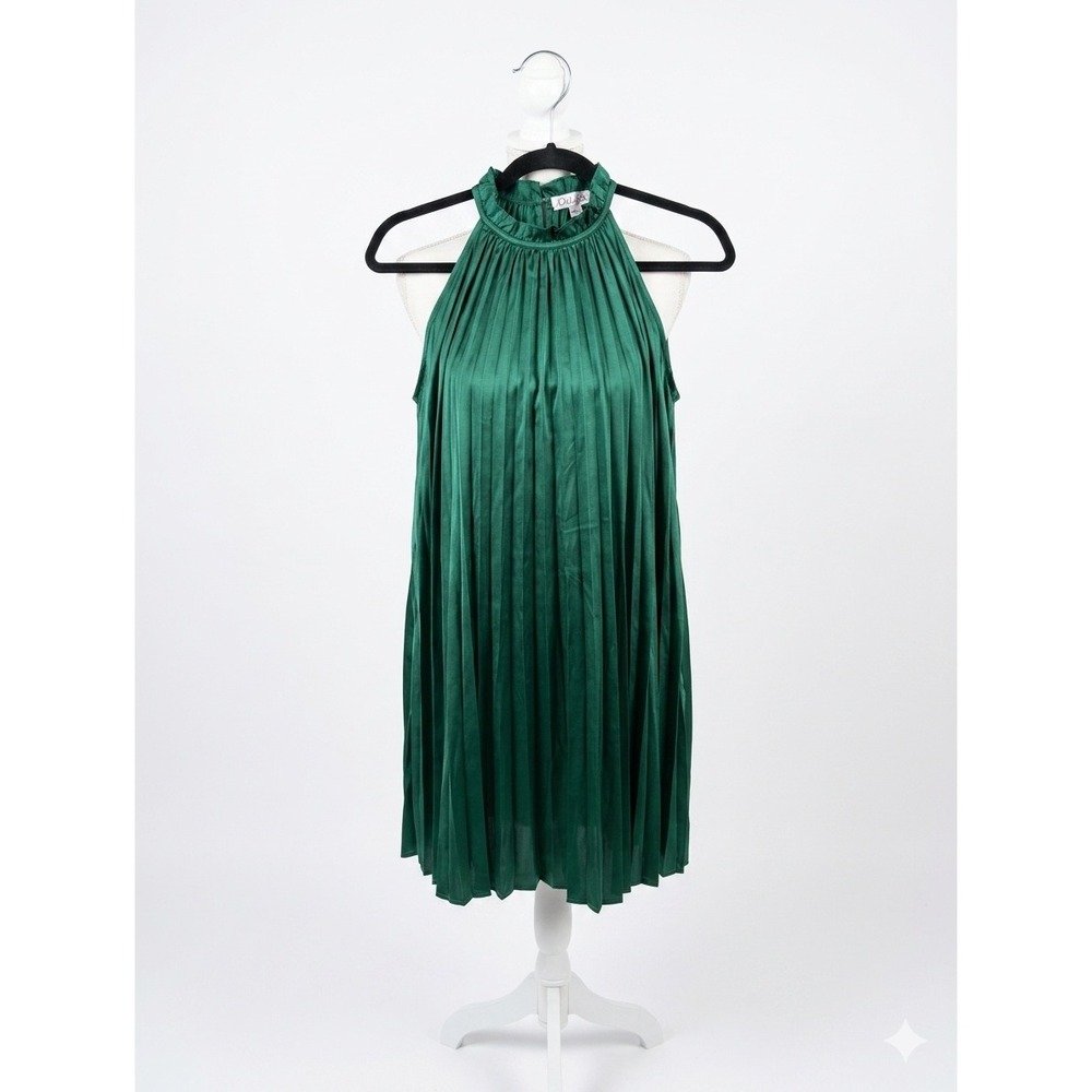 Joy Joy Emerald Green Pleated Satin Halter Mini Dress 70M7523 EMRLD NWT Size S